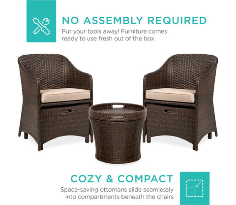 Dark Brown Rattan And Wicker 2 Seater Patio Set With Table And Cream Cushions