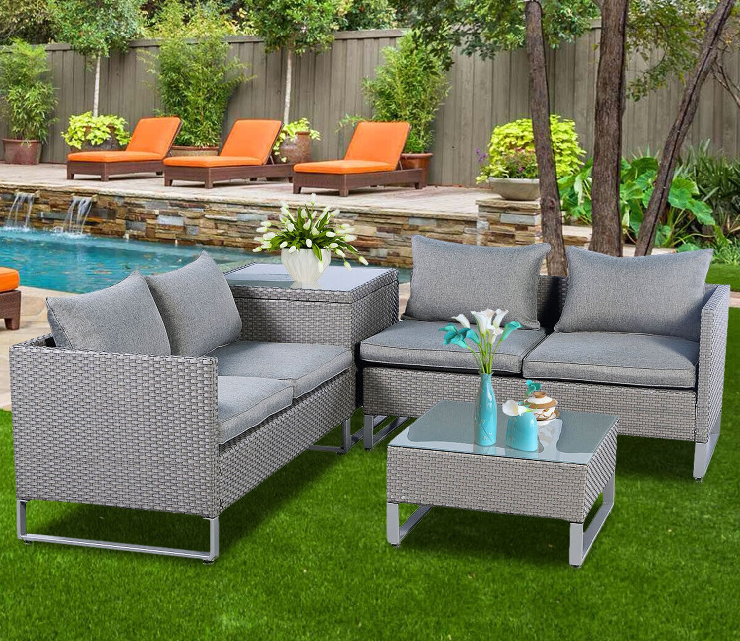 Grey Color Rattan And Wicker 4 Seater Patio Set With table And Grey Cushions