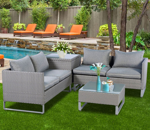 Grey Color Rattan And Wicker 4 Seater Patio Set With table And Grey Cushions