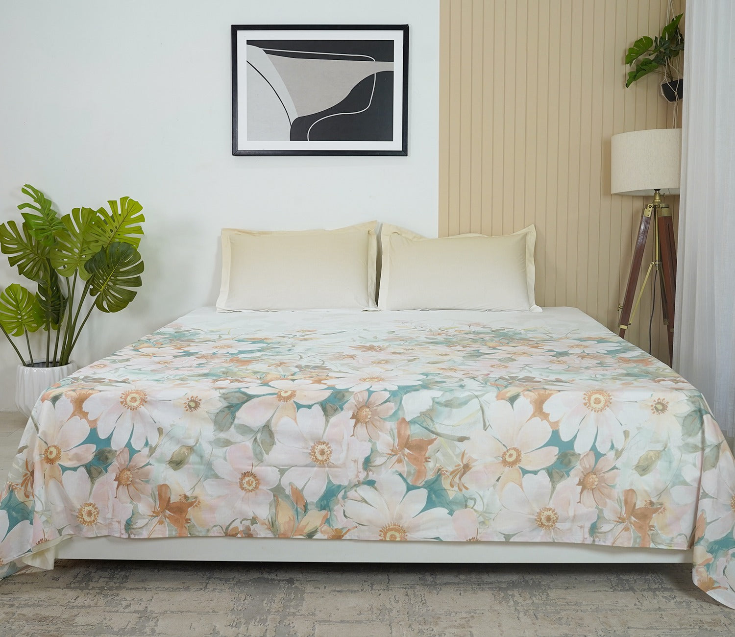 Falling Buds 144 TC Flat Pure Cotton King Size Bedsheet With 2 Pillow Covers (Blue)