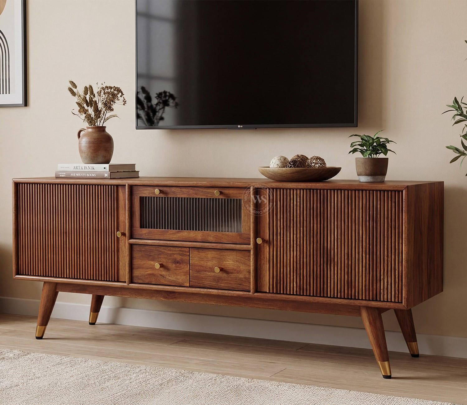 Hamona Premium Mango Wood TV Unit with Drawers And Cabinets (Teak Finish)
