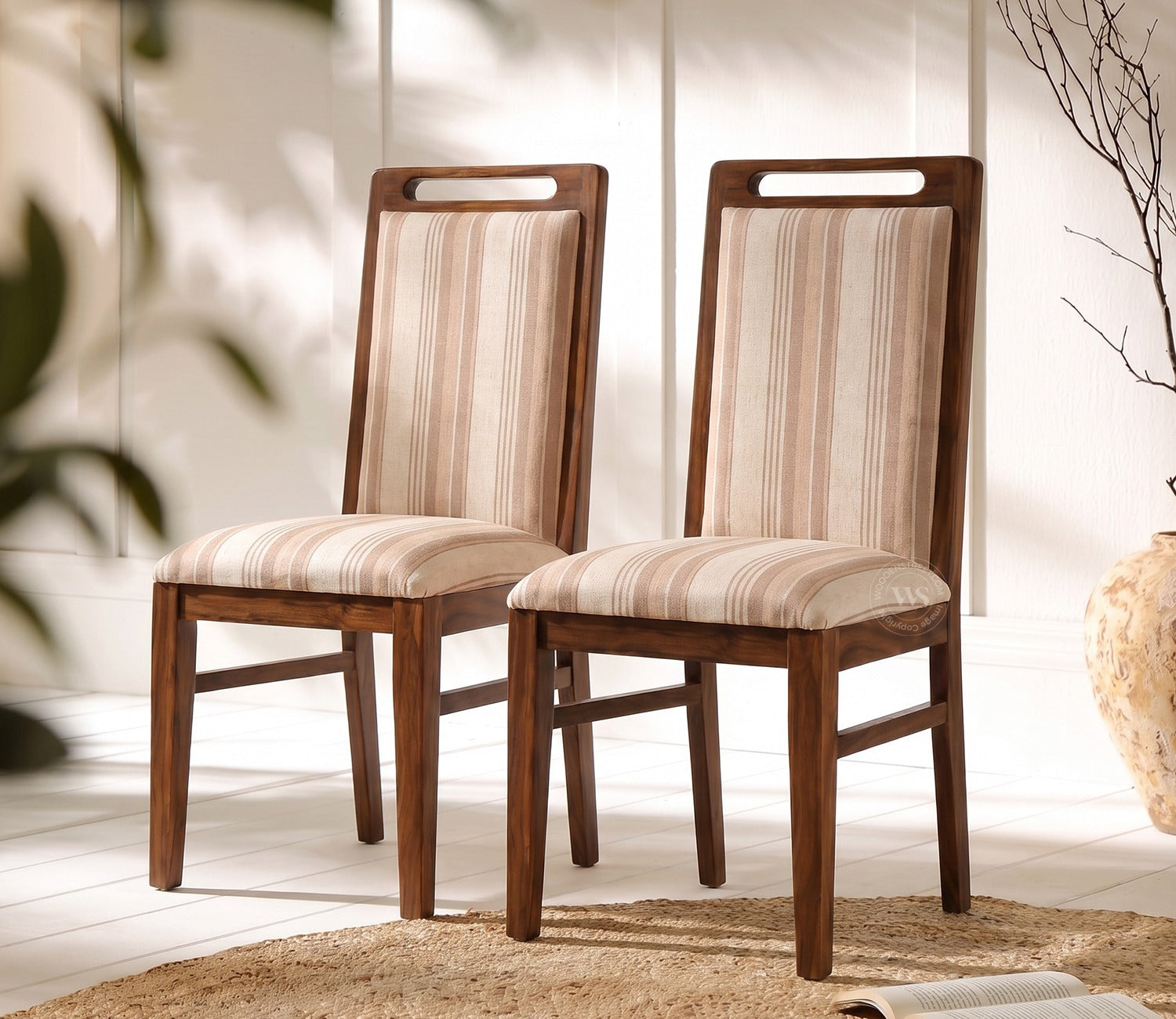 Hazel Sheesham Wood Premium Cotton Cushioned Dining Chair - Set of 2 (Cotton, Honey Cream Stripe)