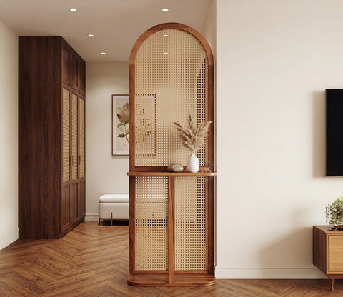 Aakruti Arch Sheesham Wood Single Panel Room Divider with Cane Weave & Open Shelf - Freestanding Partition Screen