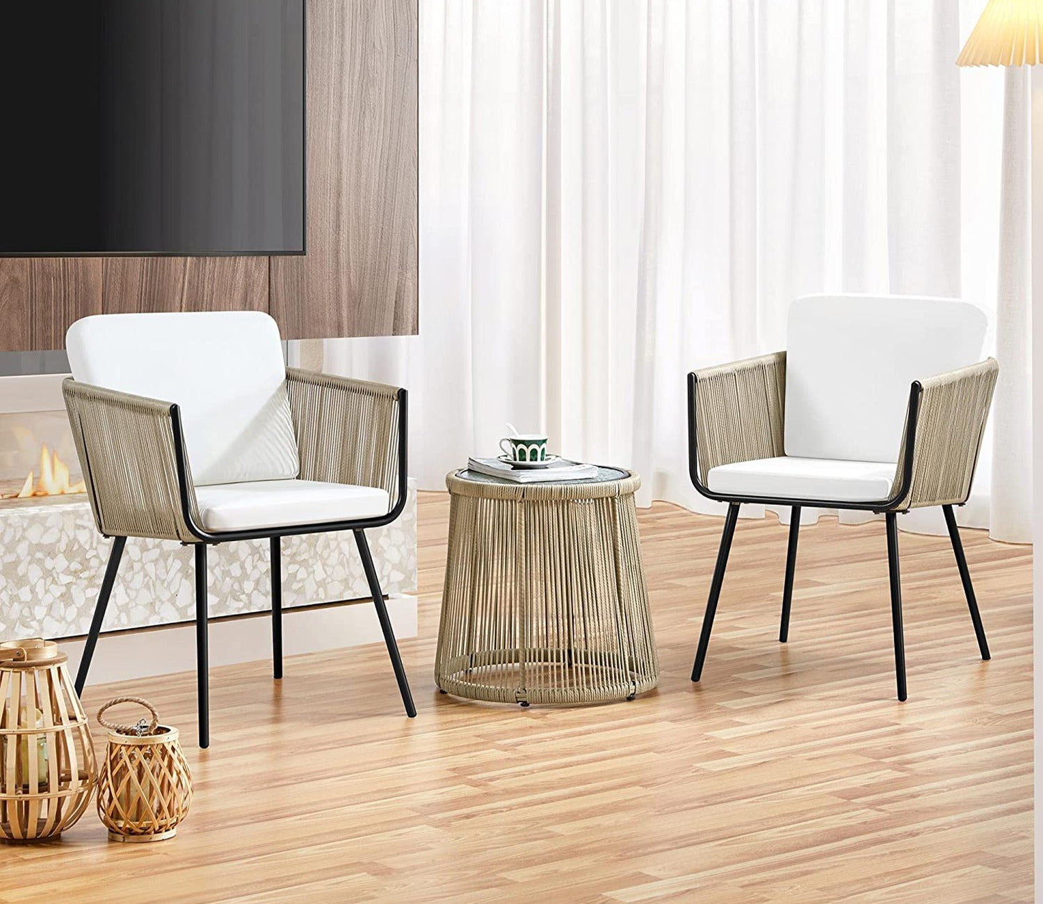 Beige Rope 2 Seater Chair Set With Table And White Cushions