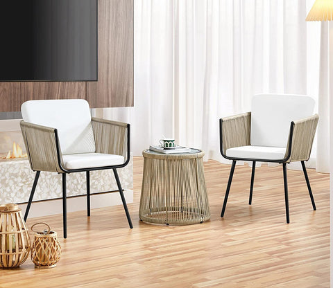 Beige Rope 2 Seater Chair Set With Table And White Cushions