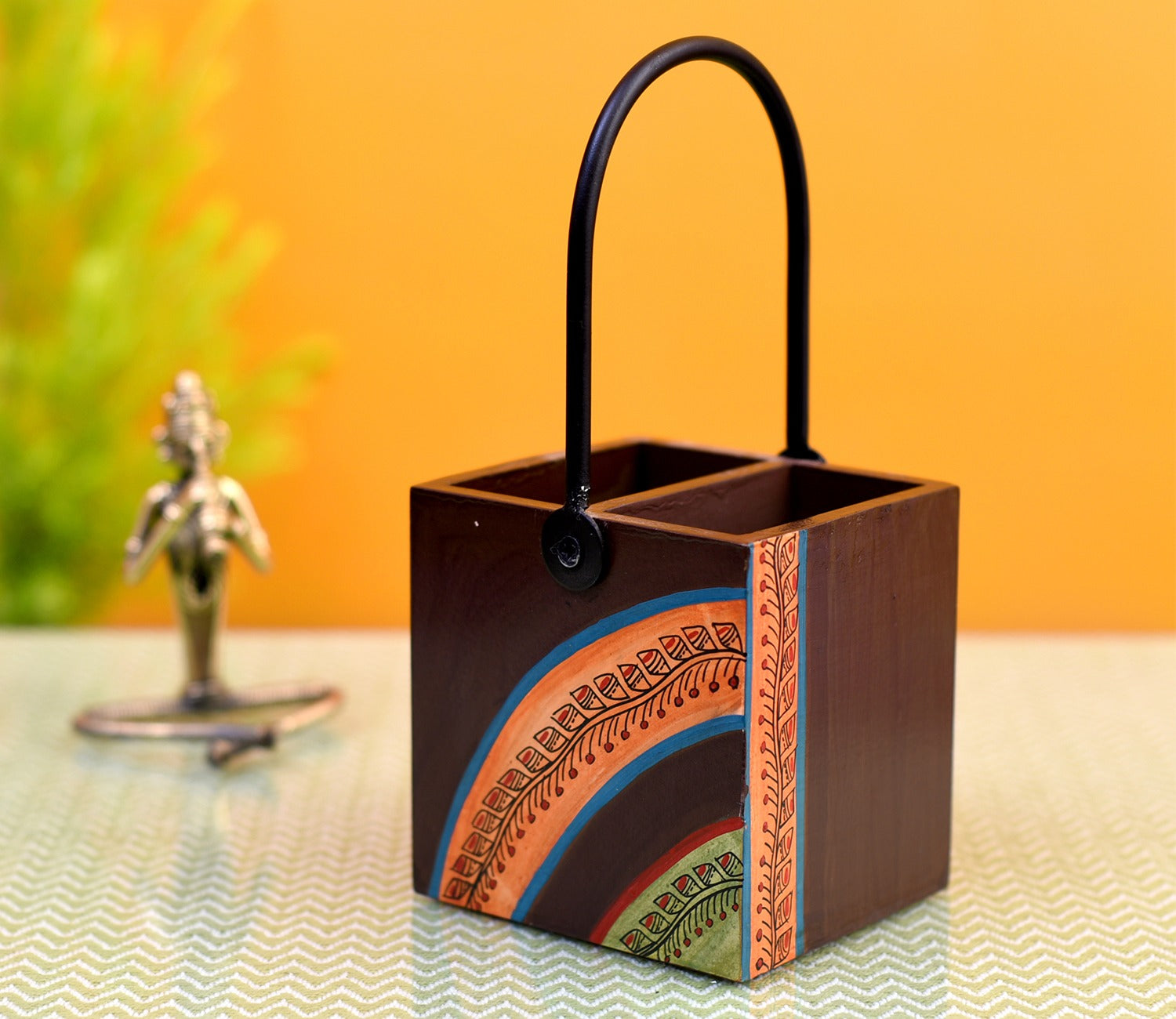 Floral Pattern Handcrafted Wooden Cutlery Stand with Iron Handle