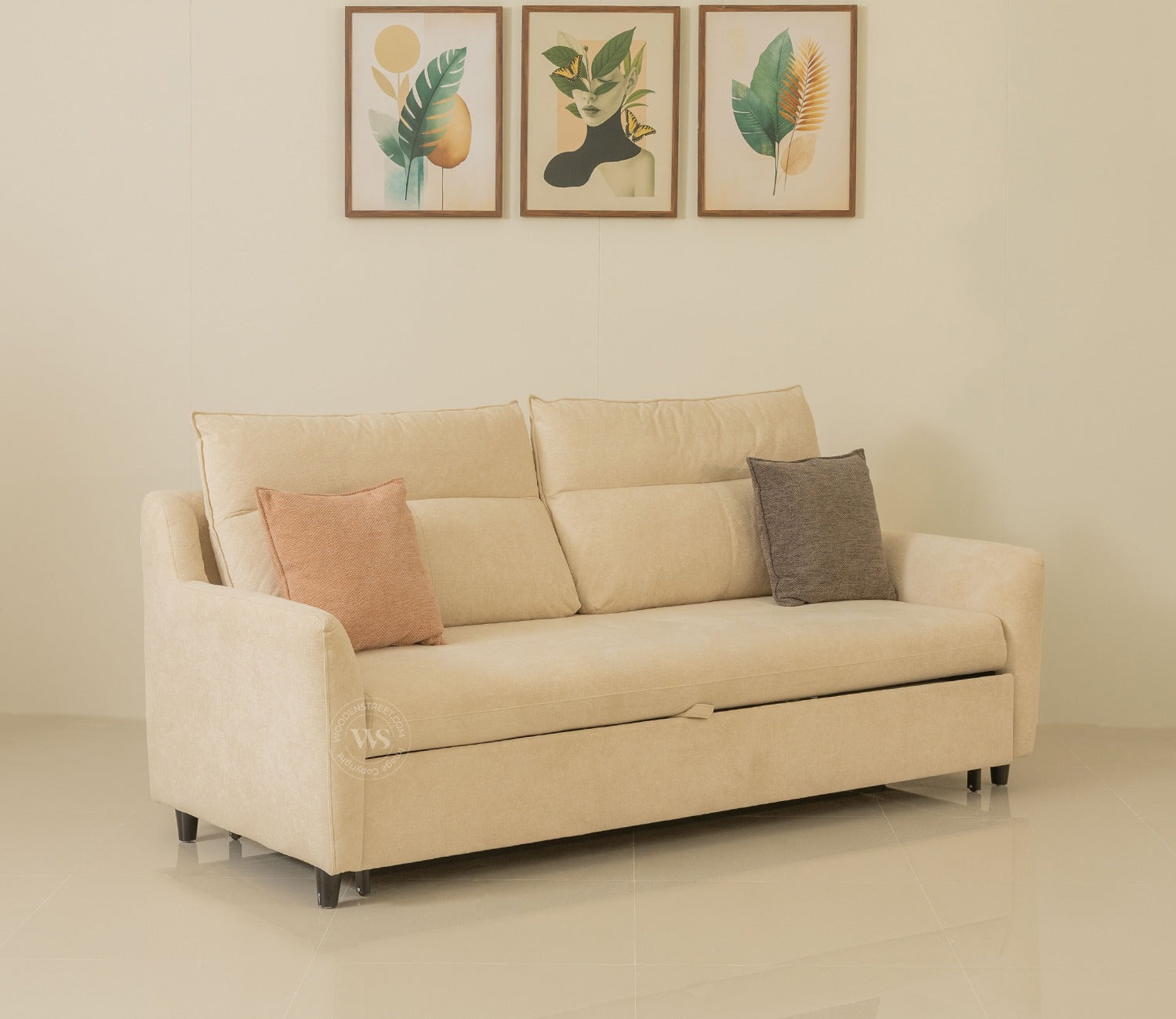 Tevo 3-Seater Sofa Cum Bed | Pull-Out Bed Mechanism | Fabric Upholstery (Off White)