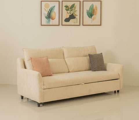 Tevo 3-Seater Sofa Cum Bed | Pull-Out Bed Mechanism | Fabric Upholstery (Off White)
