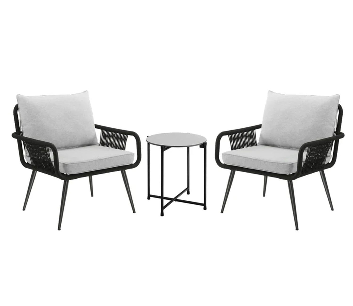 Black Rope 2 Seater Chair With Table And Off White Cushions Balcony Set