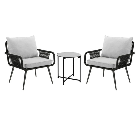 Black Rope 2 Seater Chair With Table And Off White Cushions Balcony Set