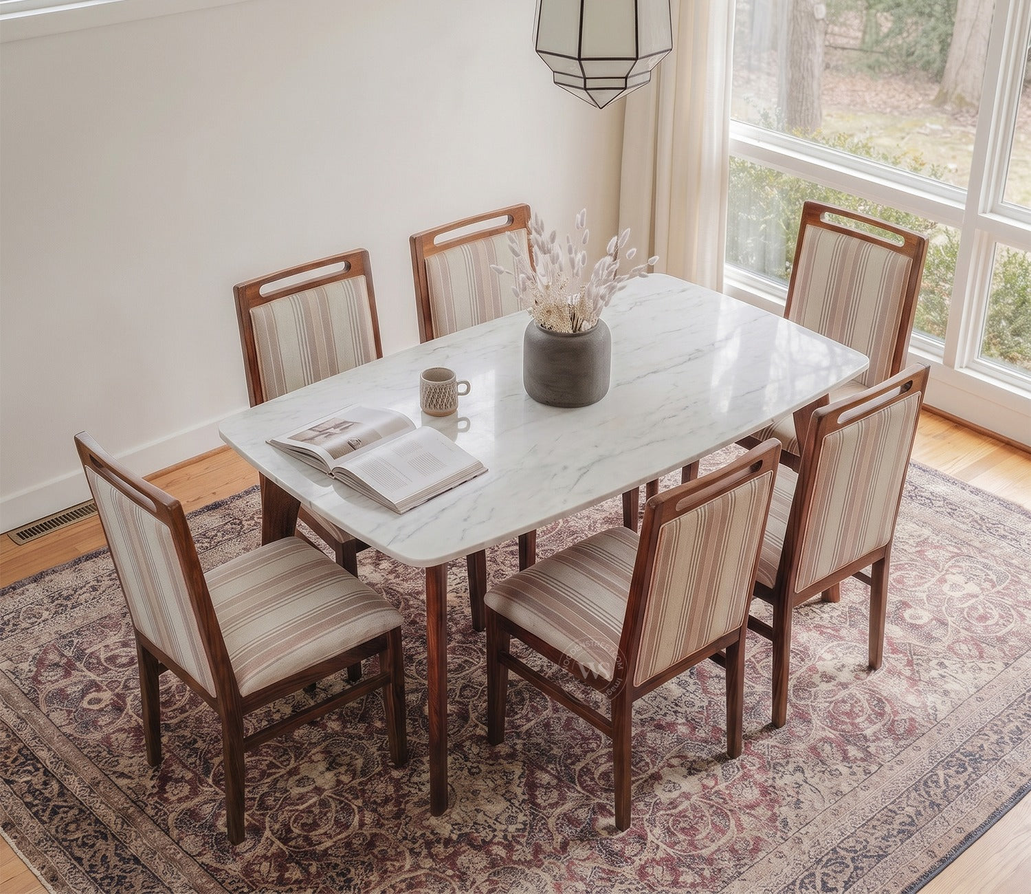 Hazel 6 Seater Sheesham Wood Dining Set with Valence Quartz Top Table and Hazel Chair (Teak Finish)