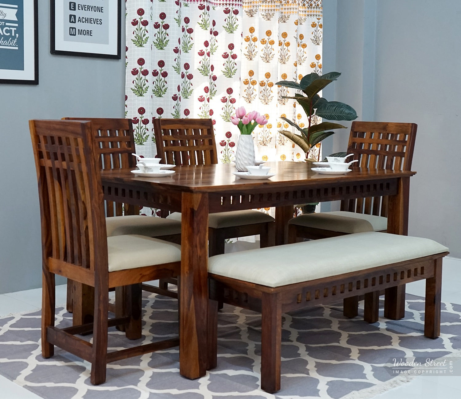 Adolph Dining Table 6 Seater Set With Bench (Honey Finish)