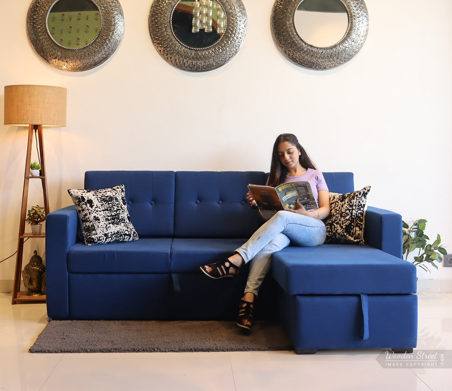 Alfonso Left Aligned Convertible Sofa Cum Bed (Cotton, Indigo Ink)