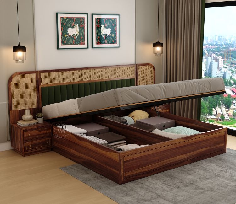 Serah Premium Sheesham Wood Bed with Cane & Velvet Headboard, Hydraulic Storage & 2 Modular Bedside Tables (Queen Size, Teak Finish)