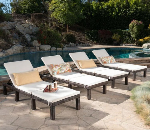 Dark Brown Adjustable Outdoor Lounger With White Cushions (Set Of 4)