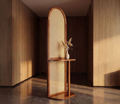 Aakruti Arch Sheesham Wood Single Panel Room Divider with Cane Weave & Open Shelf - Freestanding Partition Screen