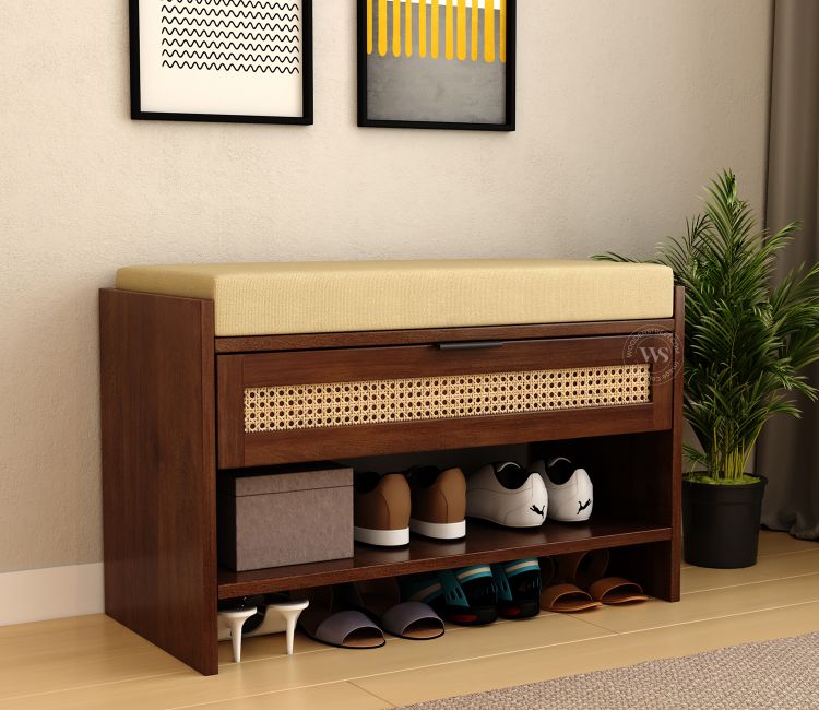 Russet Premium Solid Wood Shoe Rack With Removable Cushioned Seat, Drawer Storage & Cane Detailing (Mango Wood, Teak Finish)