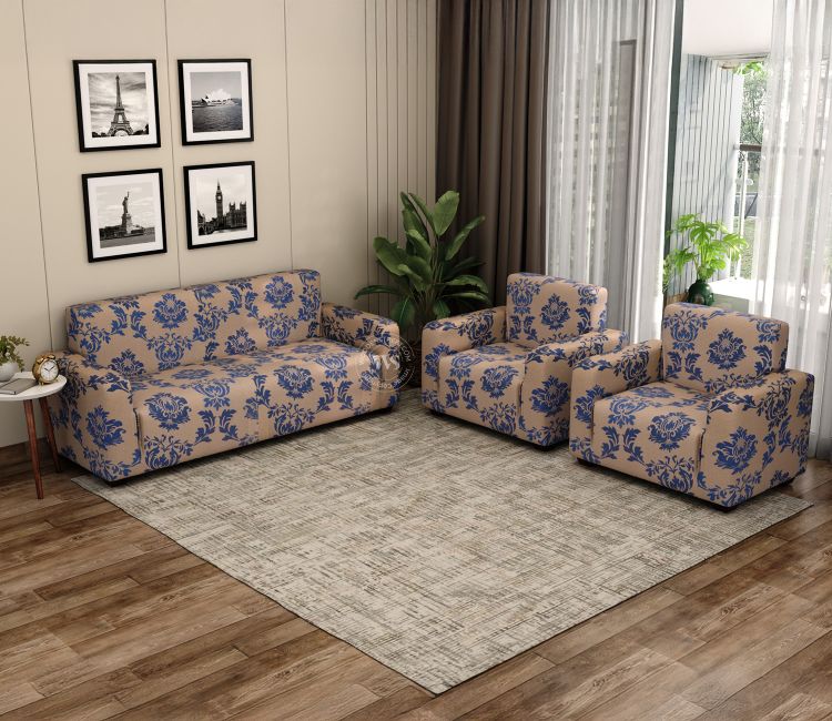 Grace Floral Printed Polyester Spandex 3+1+1 Sofa Cover Set (Blue)