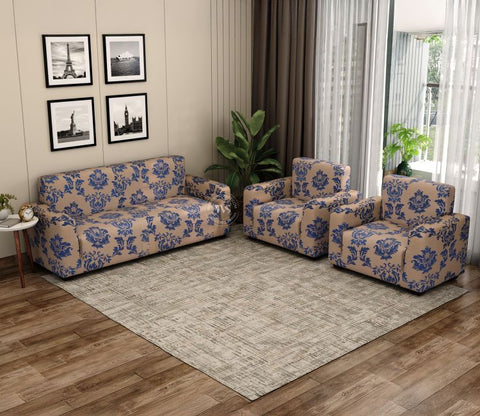 Grace Floral Printed Polyester Spandex 3+1+1 Sofa Cover Set (Blue)