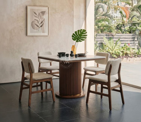 Samanvi 4 Seater Sheesham Wood Dining Table Set with Saumik Marble Top Table and Vinara Chair (Cottage Ivory)