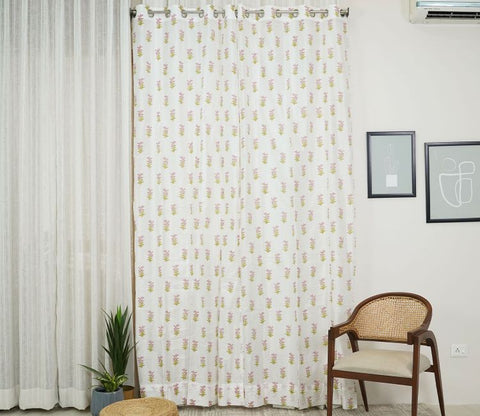 Floral Small Butti 1 Piece Curtain (White, 7 Feet)