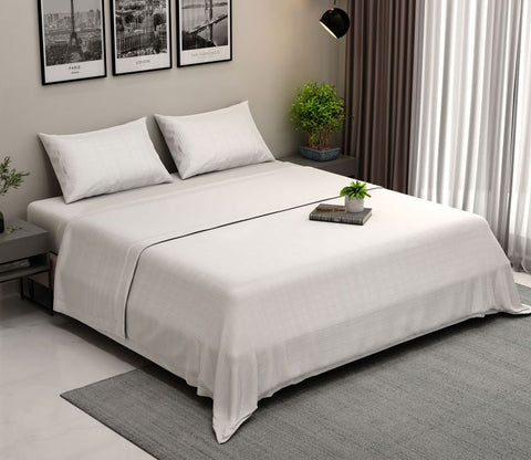 Dobby Checks Organic Bamboo 300 TC 2 Pillowcases and 1 Flat Bedsheet (White, Queen Size)
