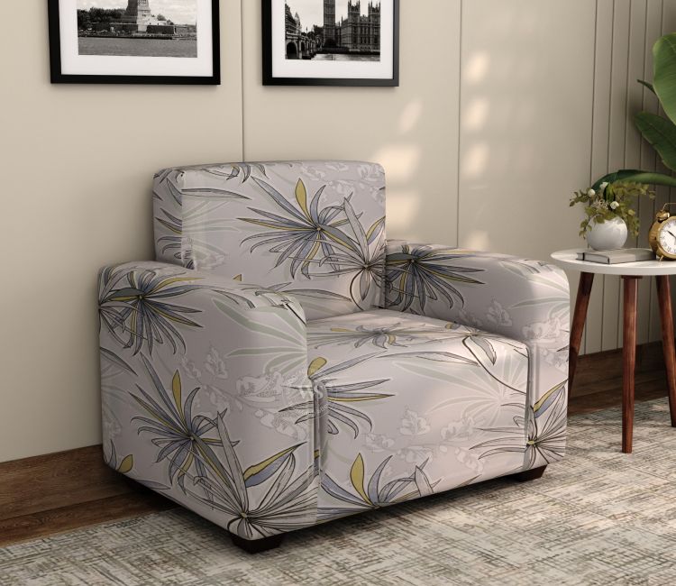 Cassia Floral Printed Polyester Spandex 1 Seater Sofa Cover (Beige)