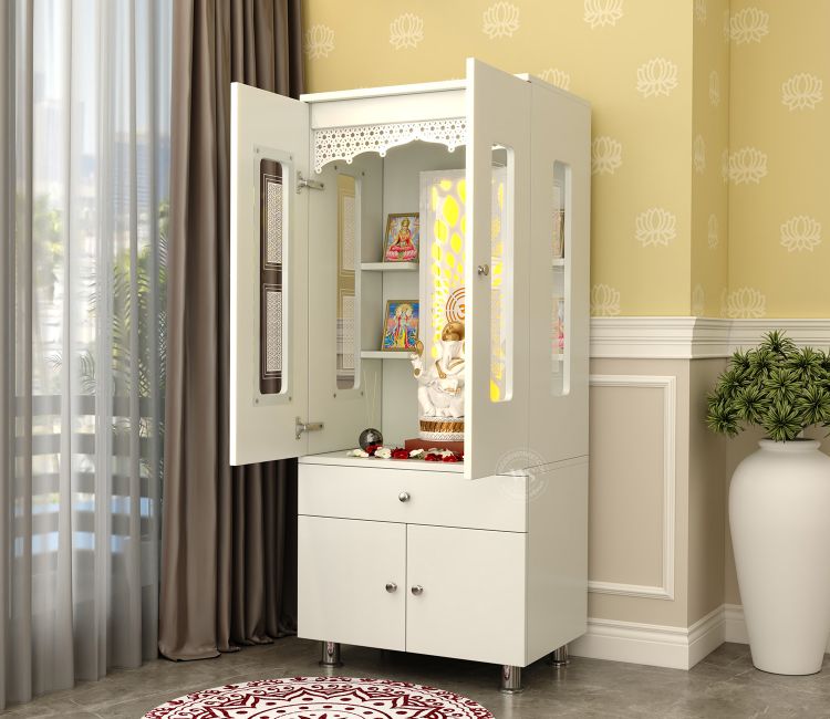 Atharv Engineered Wood Home Temple With Inbuilt LED Light System (White Finish)