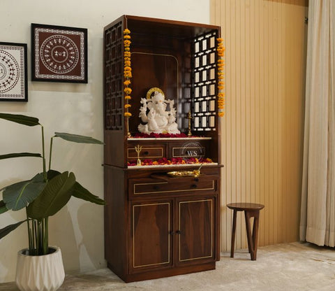 Daivik Sheesham Wood Home Temple with Brass Detailing (Teak Finish)
