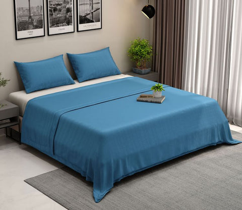 Vegan Dobby Organic Bamboo King Size Bed Sheet with 2 Pillowcases (Blue)