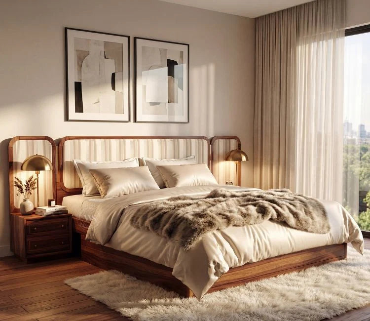 Iransh Premium Sheesham Wood Bed with Striped Headboard Drawer Storage and 2 Bedside Tables (Queen Size, Cream Stripe)