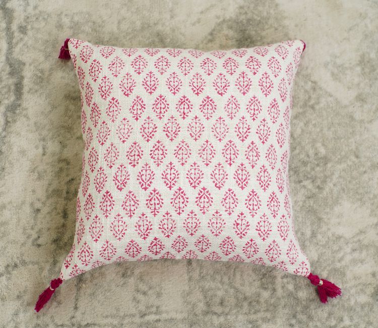 Hand Block Pattern 100% Cotton Cushion Cover Set of 1 (Pink, 18 x 18 Inch)