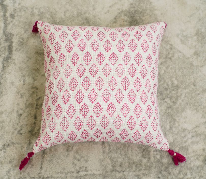 Hand Block Pattern 100% Cotton Cushion Cover Set of 1 (Pink, 18 x 18 Inch)