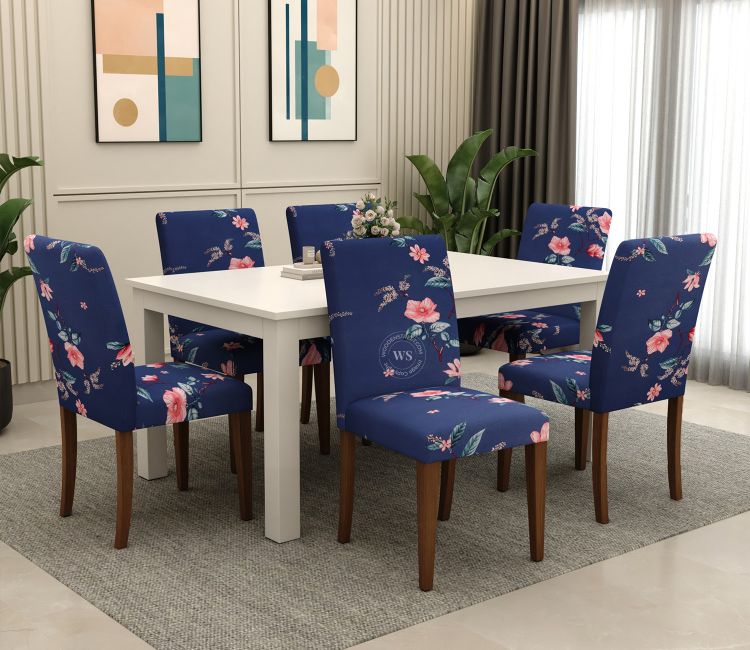Flaubert Floral Printed Polyester Spandex 6 Piece Chair Cover (Blue)