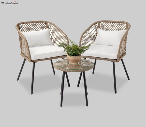 Beige Rattan And Wicker 2 Seater Chair With Table And Off White Cushions Patio Set