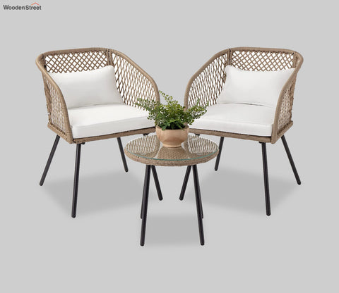 Beige Rattan And Wicker 2 Seater Chair With Table And Off White Cushions Patio Set