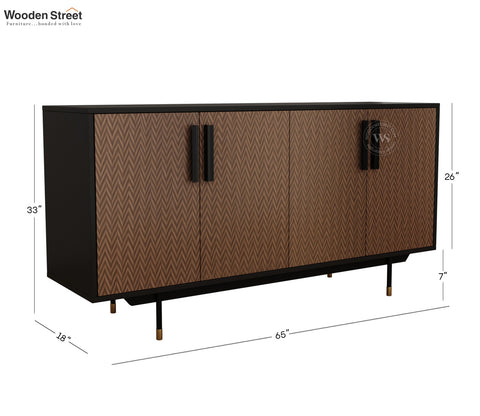 Benedict Modern 4 Door Sideboard & Cabinet with Elegant Zigzag Pattern & Matte Black Frame (Zigzag Brown)