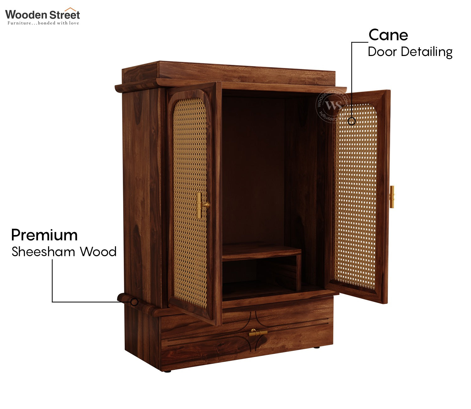 Amogh Sheesham Wood Home Temple with Cane Doors & Drawer Storage (Teak Finish)