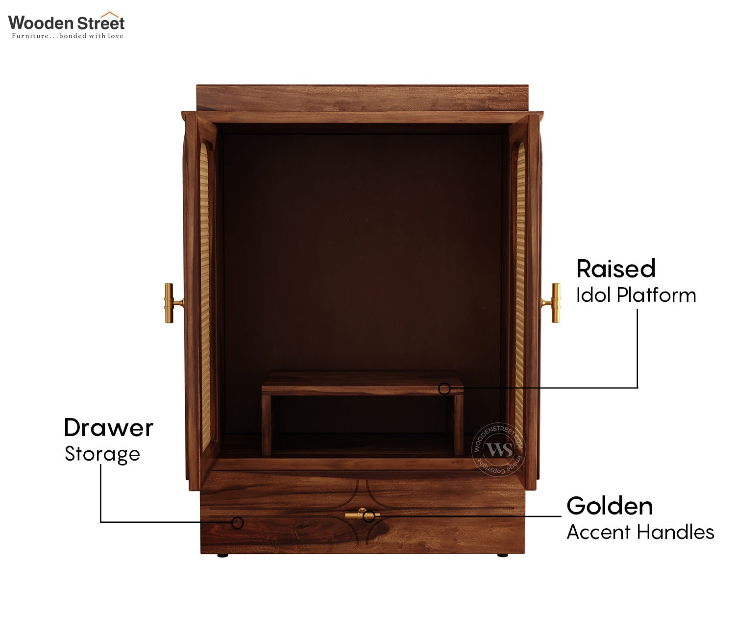 Amogh Sheesham Wood Home Temple with Cane Doors & Drawer Storage (Teak Finish)
