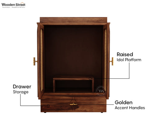 Amogh Sheesham Wood Home Temple with Cane Doors & Drawer Storage (Teak Finish)
