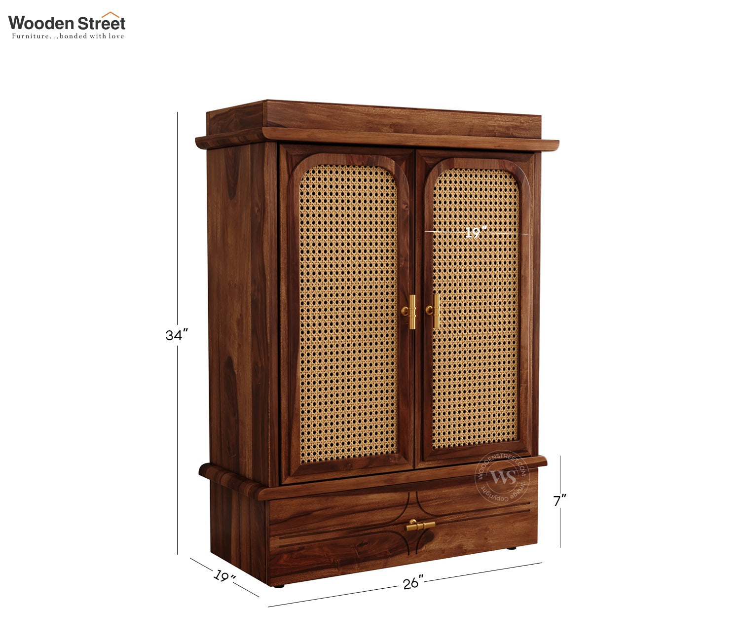 Amogh Sheesham Wood Home Temple with Cane Doors & Drawer Storage (Teak Finish)