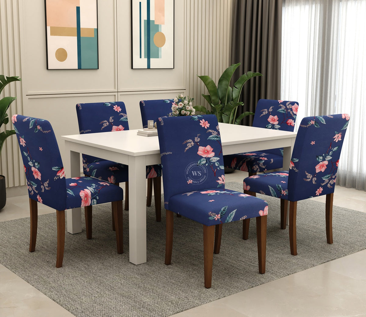 Flaubert Floral Printed Polyester Spandex 6 Piece Chair Cover (Blue)