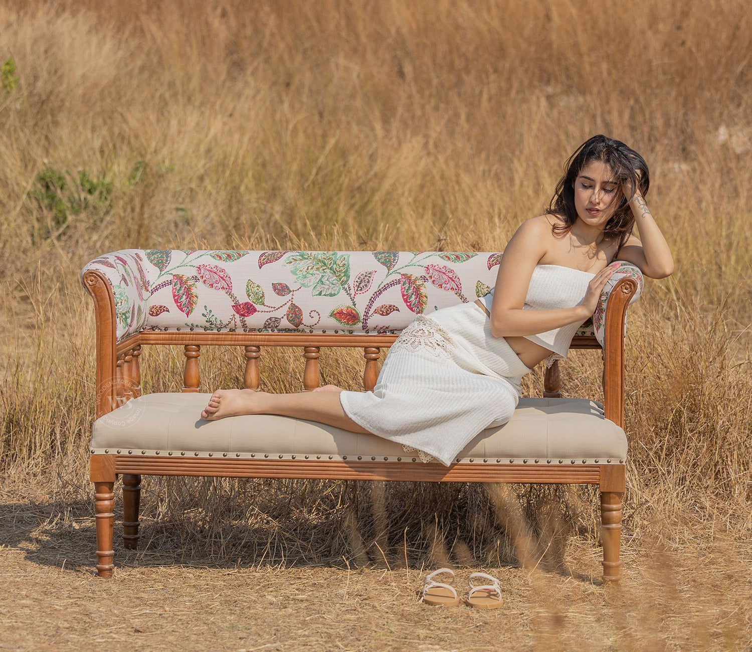 Reyes Bench With Back Rest (Cotton, Rosy Leaf)