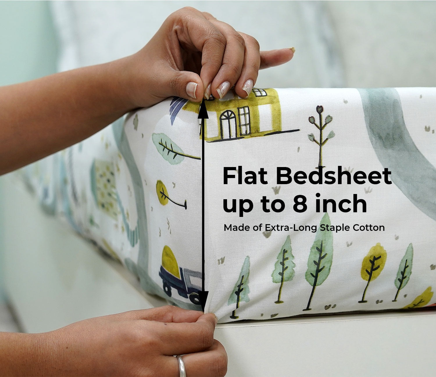 Train And Town Flat Cotton Kids Bed Sheet King Size with 2 Pillow Covers
