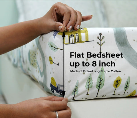 Train And Town Flat Cotton Kids Bed Sheet King Size with 2 Pillow Covers