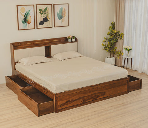 Wildon Premium Sheesham Wood Bed with Cushioned Headboard and Drawer Storage (Queen Size, Teak Finish)