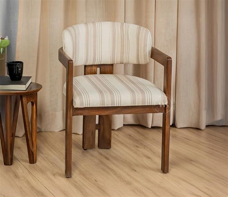 Kaaya Sheesham Wood Arm Chair With Premium Upholstery (Cream Stripes, Teak Finish)