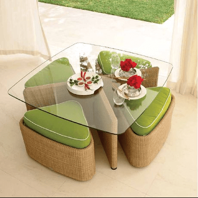 Trueliving Green Glass Table Stool (Table H 30 x W 34 x D 18 Stool H 18 x W 16 x D 14)