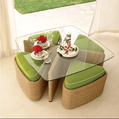 Trueliving Green Glass Table Stool (Table H 30 x W 34 x D 18 Stool H 18 x W 16 x D 14)