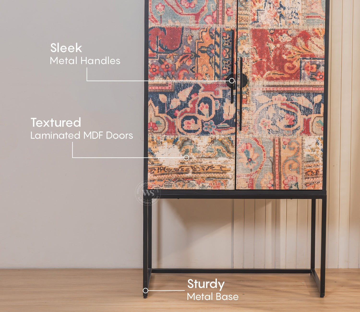 Mirella Modern Bar Cabinet with Textured Premium HDMMR Front (Patchwork Multi)